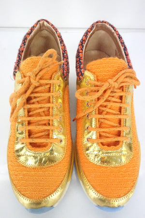 NIB Chanel Metallic Gold Orange Tweed Sneakers SZ 37.5 Fast Foot Trainer $1350