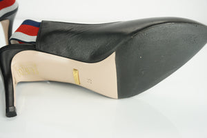Gucci Sylvie Black Leather Web Strap Pointed Toe Slingback Pumps Size 35 $695