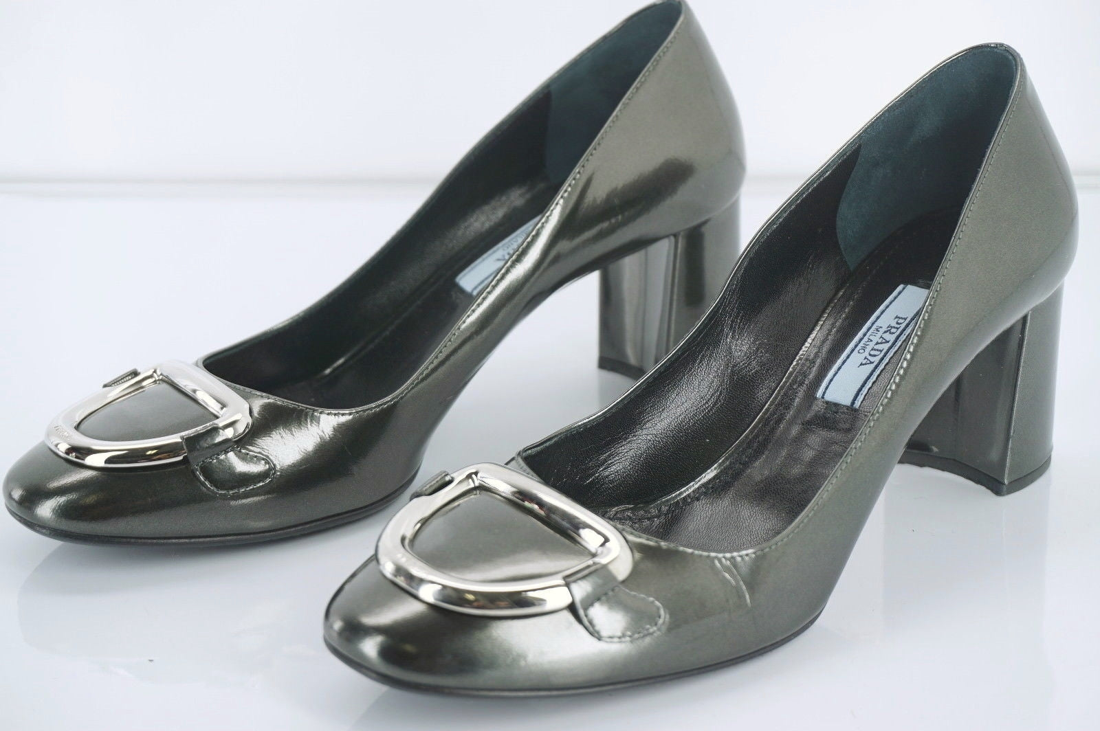 Prada Grey Patent D Ring Buckle High Heels Pumps Size 36.5 New $690 Women's