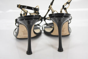 Jimmy Choo Black Patent Ring Strappy Sandal SZ 36.5 caged Ankle Heels $695