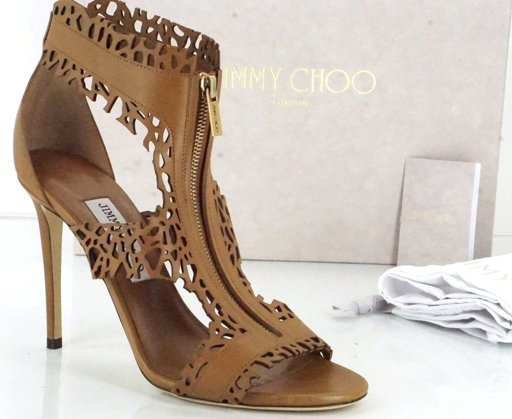 Jimmy Choo Brown Laser Cut Out Megan T Strap Zip Top Sandals Size 40 10 NIB $975