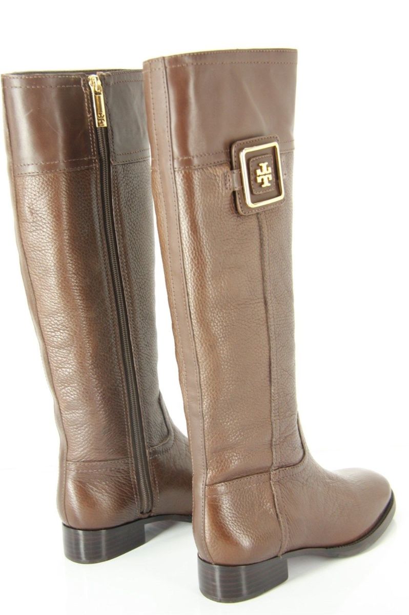 Tory Burch Brown Leather Julian Riding Boots Size 5.5 Logo Plaque New $495