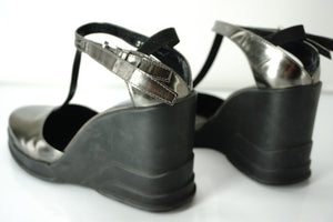 Prada Metallic Specchio Leather Wedge Mary Janes Sandals Size 38.5 New $850