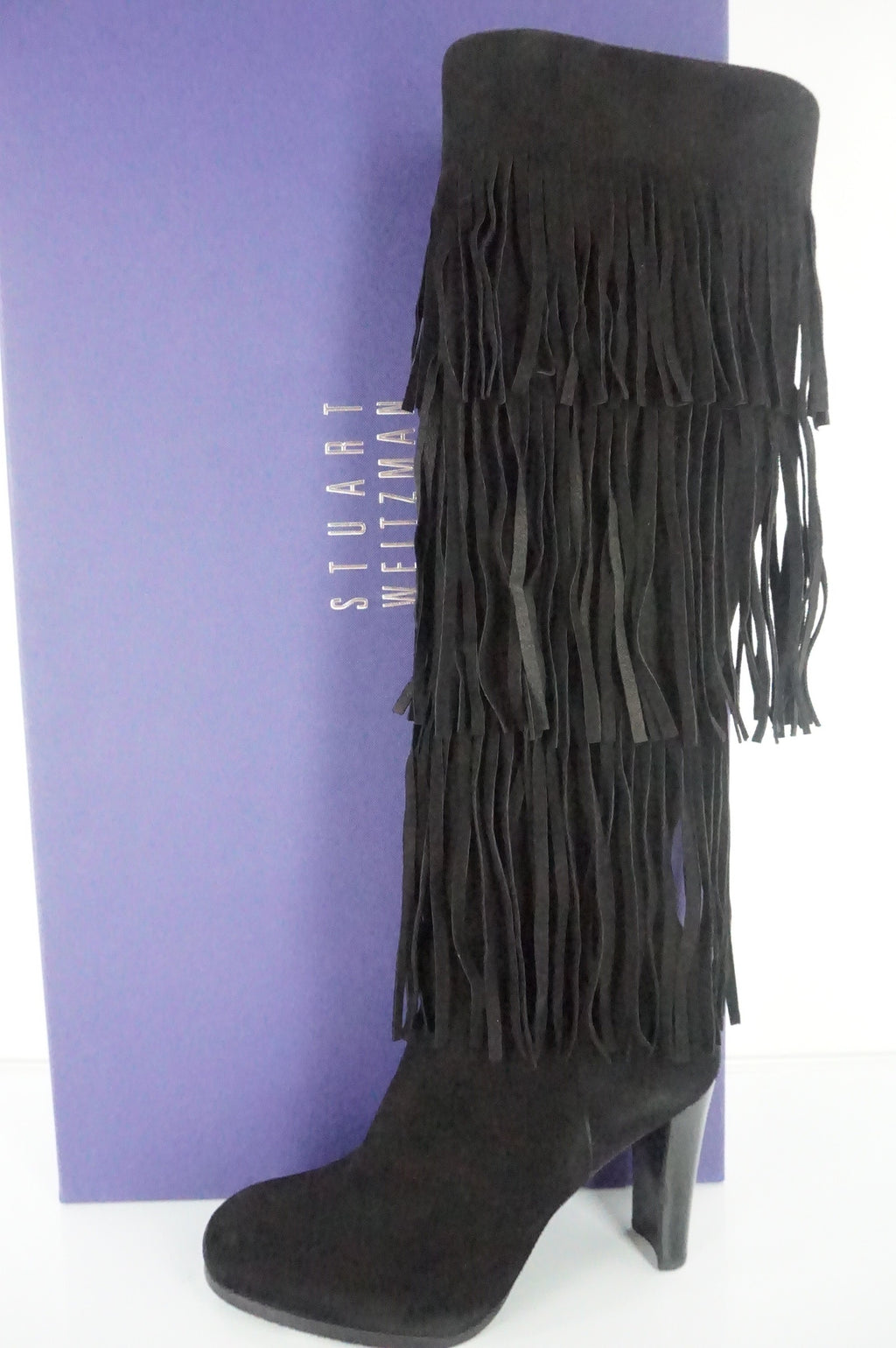 Stuart Weitzman Black Suede Fringie Knee High Heel Boots size 6 NIB $855 Fringe