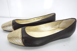 Jimmy Choo Waine Black Leather Gold Studded Cap Toe Ballet Flats SZ 35 NIB $565