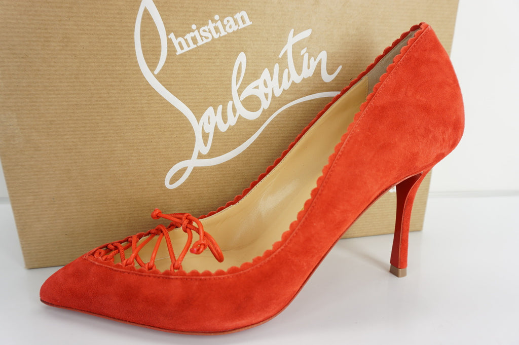 Christian Louboutin Red Suede Scalopump Fraise Pumps Size 37 Bow Pointy NIB $845