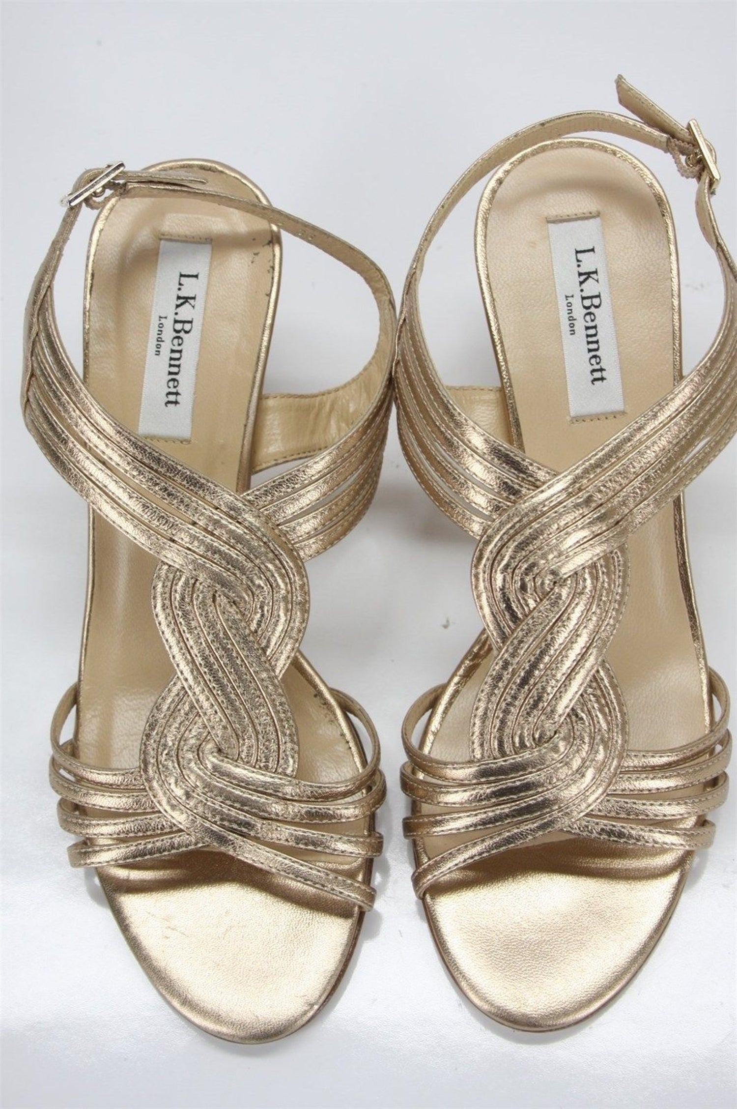 L.K. Bennett Metallic Gold Leather Dunes Caged Strappy Wedge Sandals size 36 New