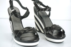 Stuart Weitzman Attitude Black White Striped Wedge Ankle Sandals Size 8 New $425