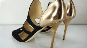 Jimmy Choo Tarine Black Suede Gold Leather Open Toe Cut Out Sandals SZ 38.5 $895