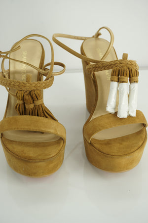 Stuart Weitzman Tasselmania Camel Suede Wedge Sandal Size 10 NIB $455