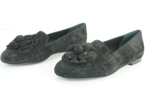 CHANEL Womens Camellia Loafer 17B Ballet Flat Black Suede Size 35