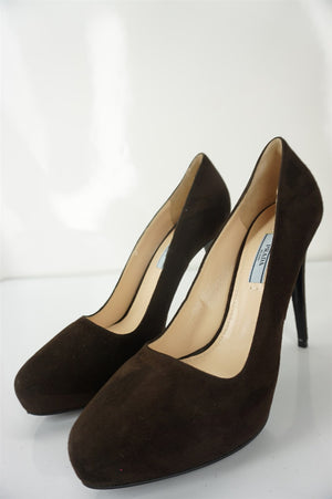 Prada Brown suede hidden platform almond toe pumps size 40 10 New $750