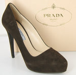 Prada Classic Brown Suede Leather Hidden Platform Heel Pump Size 39 Toe NIB $750