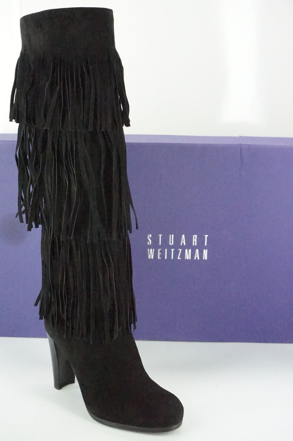 Stuart Weitzman Black Suede Fringie Knee High Boots SZ 5.5 Heel NIB $855 stretch