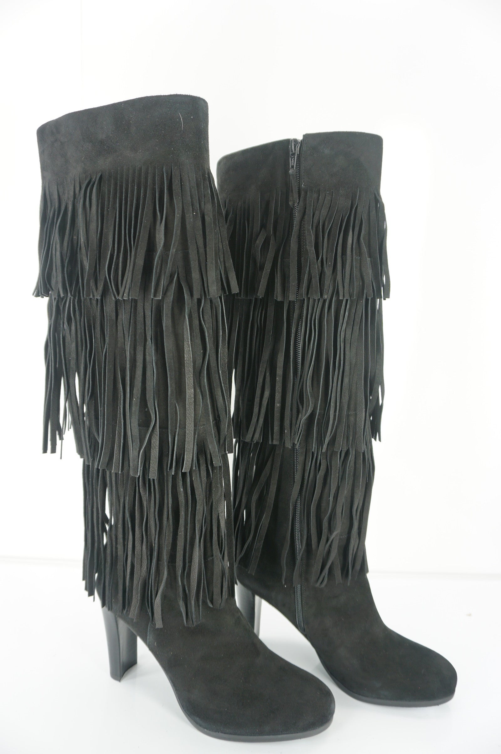 Stuart Weitzman Black Suede Fringie Knee High Boots SZ 7 N Narrow NIB $855 Heels