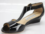 Jimmy Choo Black Patent Leather Treat T Strap Demi Wedge Sandal SZ 35.5 New $675