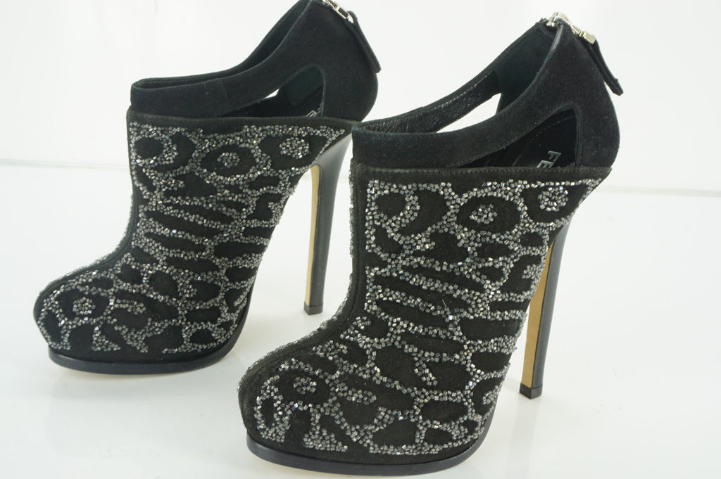 Fendi Crystal Trim Suede Vertigo Platform Heel Ankle Booties Size 35 $1195 Zip
