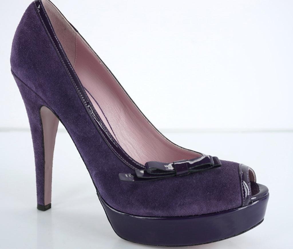 RED Valentino Purple Suede Open Toe Platform Pumps Size 40.5 10.5 bow $450