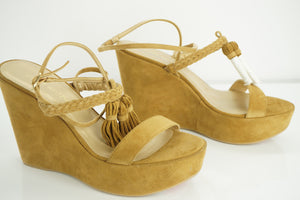 Stuart Weitzman Tasselmania Camel Suede Wedge Sandal Size 10 NIB $455