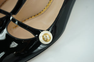 Gucci Black PatentPearl Crystal Mary Jane Strappy Pump Size 36 45MM $850 GG Logo