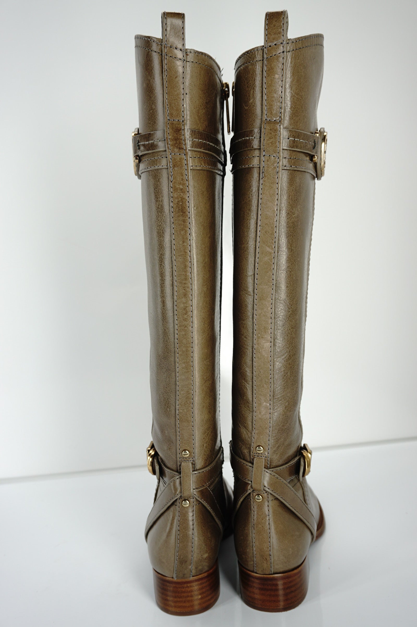 Tory Burch Calista Taupe Leather Logo Belt Knee Riding Boots SZ 5 New $495
