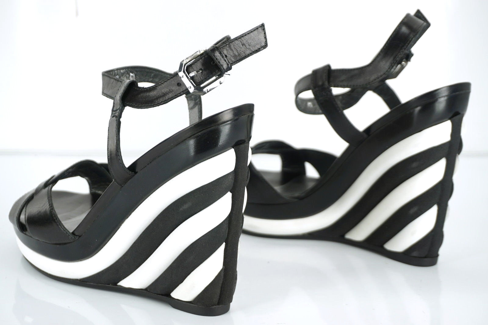 Stuart Weitzman Attitude Black White Striped Wedge Ankle Sandals Size 8 New $425