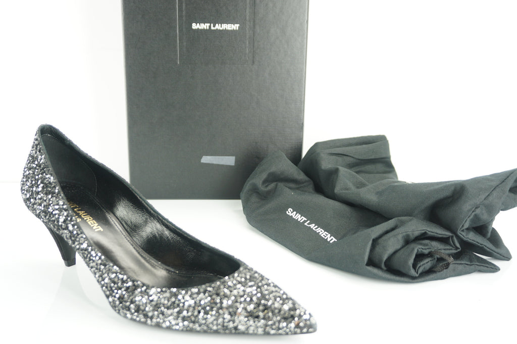 Saint Laurent Charlotte 55MM Super Black Glitter Pointy Toe Pumps SZ 38 NIB $795