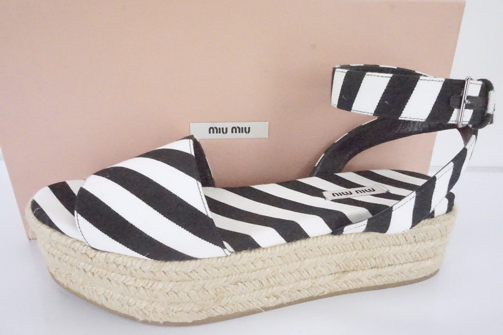 Miu Miu Black White Striped Canvas Platform Espadrille Sandals SZ 41 11 NIB $650