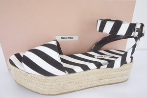 Miu Miu Black White Striped Canvas Platform Espadrille Sandals SZ 41 11 NIB $650