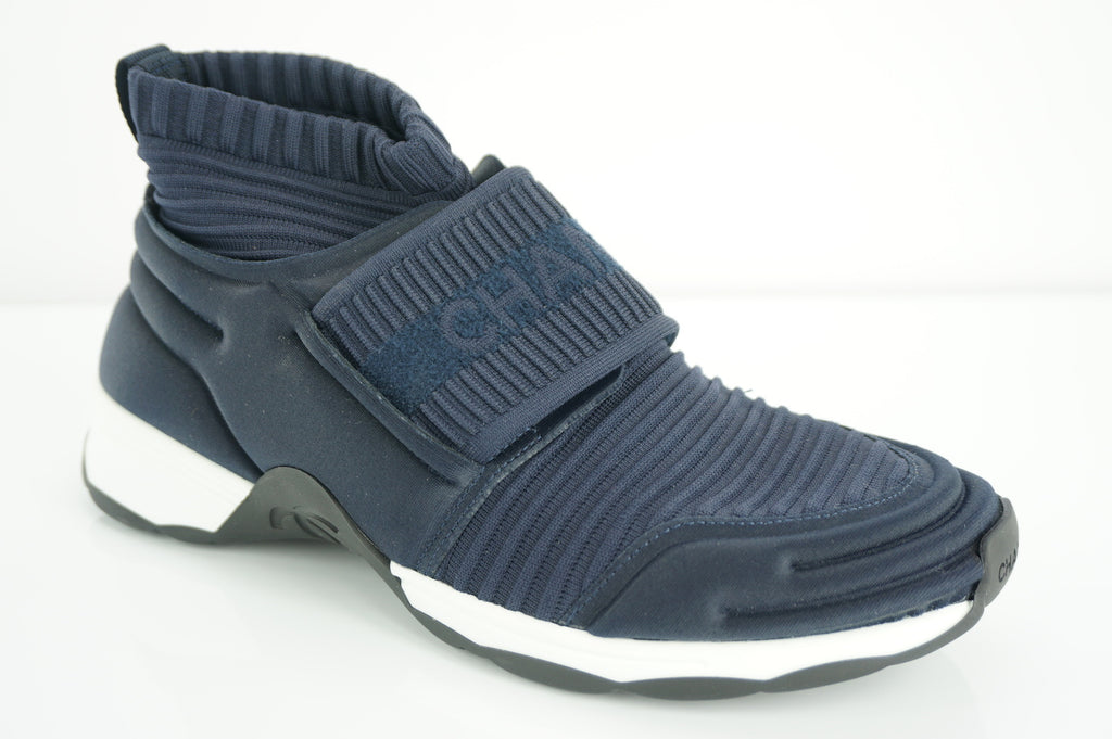 Chanel Navy Blue Stretch Fabric CC Logo High Top Sneaker SZ 36 Sock Style NIB