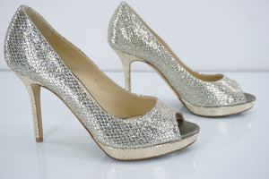 Jimmy Choo Luna Glitter Peep Toe Pumps SZ 37.5 High Heels platform $675