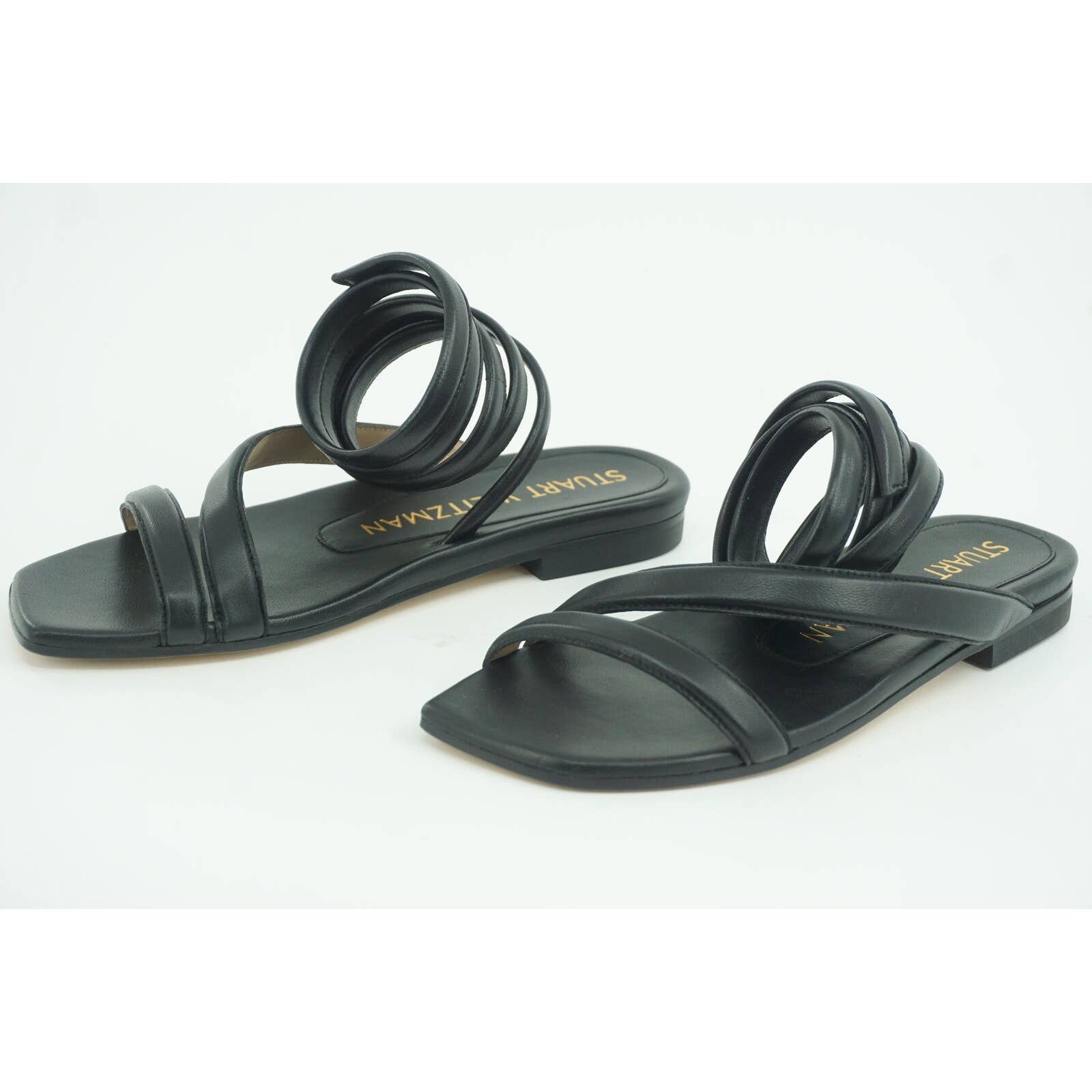Stuart Weitzman Beatrix Black Leather Ankle Flat Wrap Sandals Size 5.5 NIB