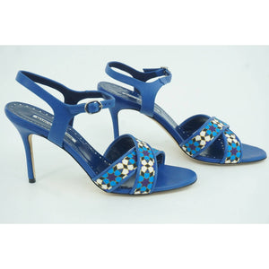 Manolo Blahnik Talitha Linen Strap Blue Floral Sandals size 39.5 Ankle $1026