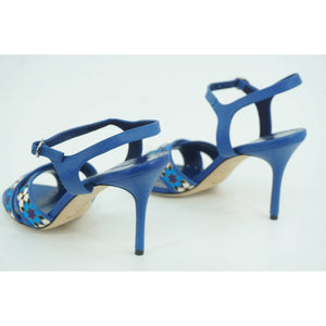 Manolo Blahnik Talitha Linen Strap Blue Floral Sandals size 39.5 Ankle $1026