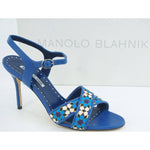 Manolo Blahnik Talitha Linen Strap Blue Floral Sandals size 39.5 Ankle $1026