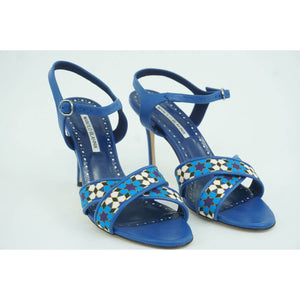 Manolo Blahnik Talitha Linen Strap Blue Floral Sandals size 39.5 Ankle $1026